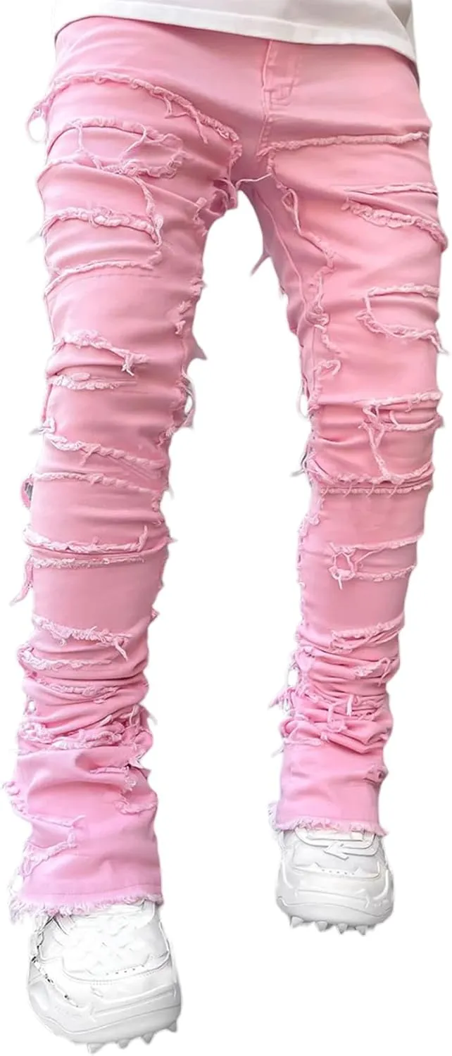 Mxiqqpltky Mens Stacked Jeans Slim Straight Black Ripped Jeans Skinny Distressed Denim Pants Destroyed Denim Jeans Streetwear