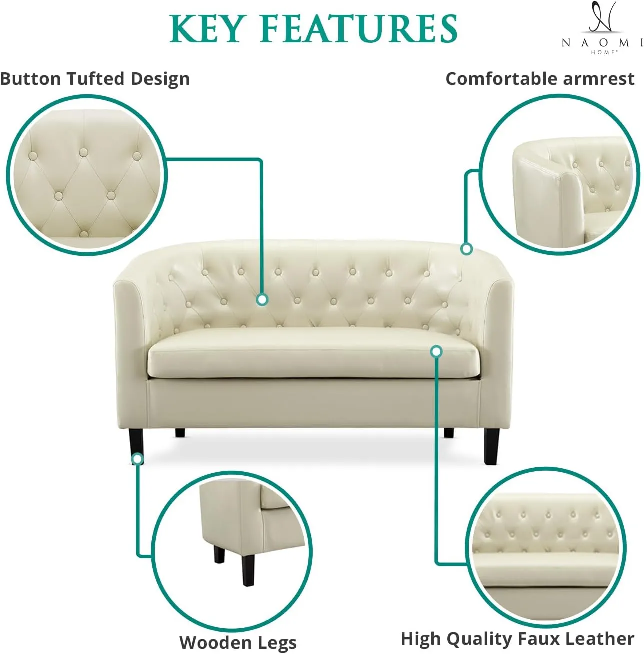 Naomi Home Barrel Love Seat, Button Tufted Faux Leather Loveseat Sofas, Faux Leather couches, Small Loveseats for Small Spaces, Bedrooms, Love Seat Couches for Living Room - Cream
