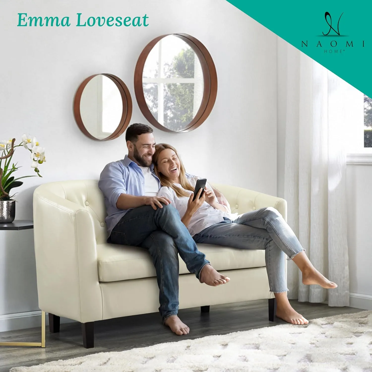 Naomi Home Barrel Love Seat, Button Tufted Faux Leather Loveseat Sofas, Faux Leather couches, Small Loveseats for Small Spaces, Bedrooms, Love Seat Couches for Living Room - Cream