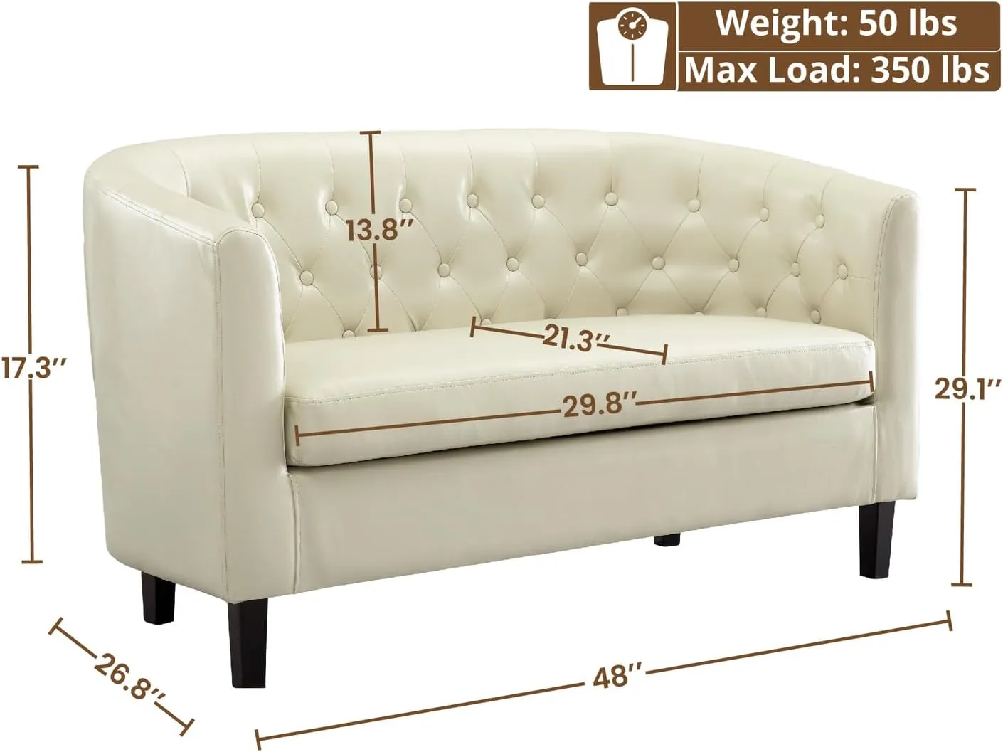 Naomi Home Barrel Love Seat, Button Tufted Faux Leather Loveseat Sofas, Faux Leather couches, Small Loveseats for Small Spaces, Bedrooms, Love Seat Couches for Living Room - Cream