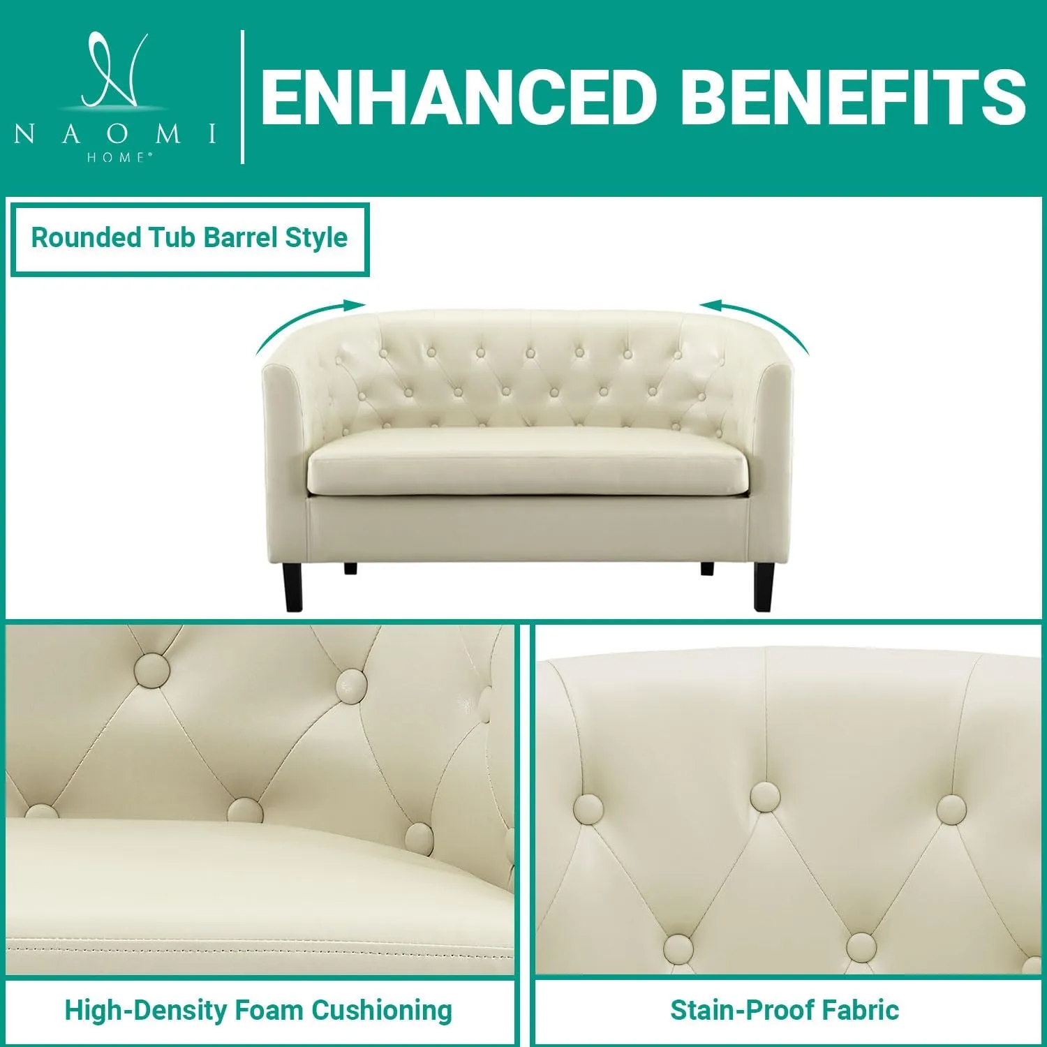 Naomi Home Barrel Love Seat, Button Tufted Faux Leather Loveseat Sofas, Faux Leather couches, Small Loveseats for Small Spaces, Bedrooms, Love Seat Couches for Living Room - Cream