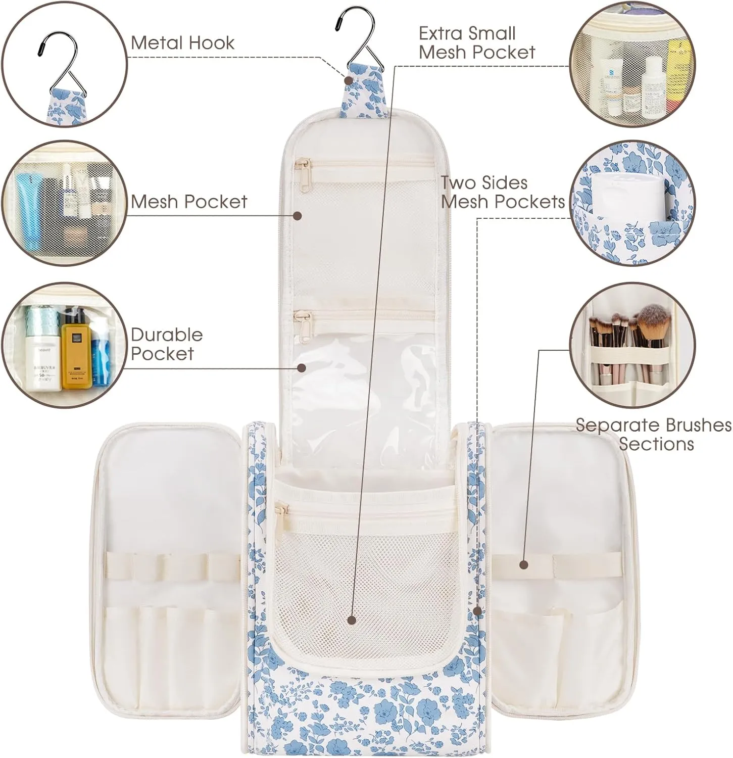 Narwey Hanging Toiletry Bag Women Travel Makeup Bag Organizer Toiletries Bag for Travel Size Essentials Accessories Cosmetics (Medium,Little Blue Flower)