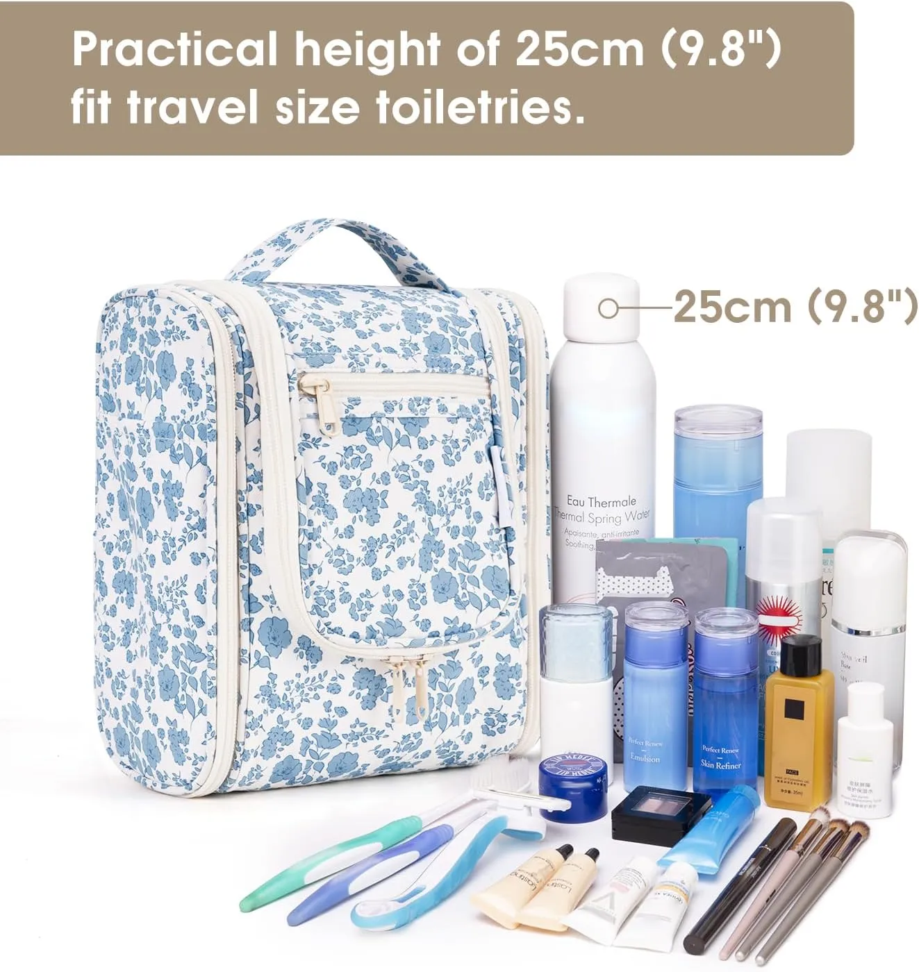 Narwey Hanging Toiletry Bag Women Travel Makeup Bag Organizer Toiletries Bag for Travel Size Essentials Accessories Cosmetics (Medium,Little Blue Flower)