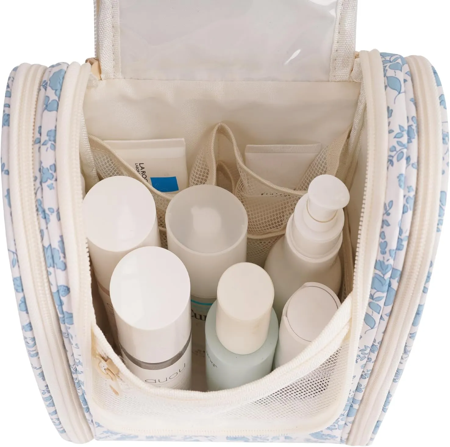 Narwey Hanging Toiletry Bag Women Travel Makeup Bag Organizer Toiletries Bag for Travel Size Essentials Accessories Cosmetics (Medium,Little Blue Flower)