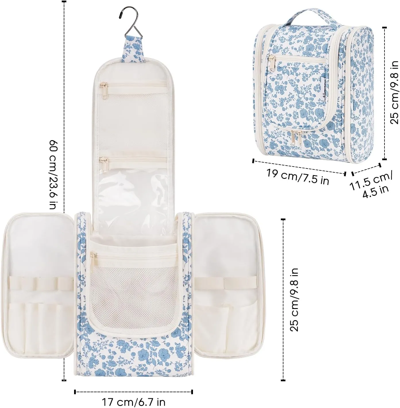 Narwey Hanging Toiletry Bag Women Travel Makeup Bag Organizer Toiletries Bag for Travel Size Essentials Accessories Cosmetics (Medium,Little Blue Flower)