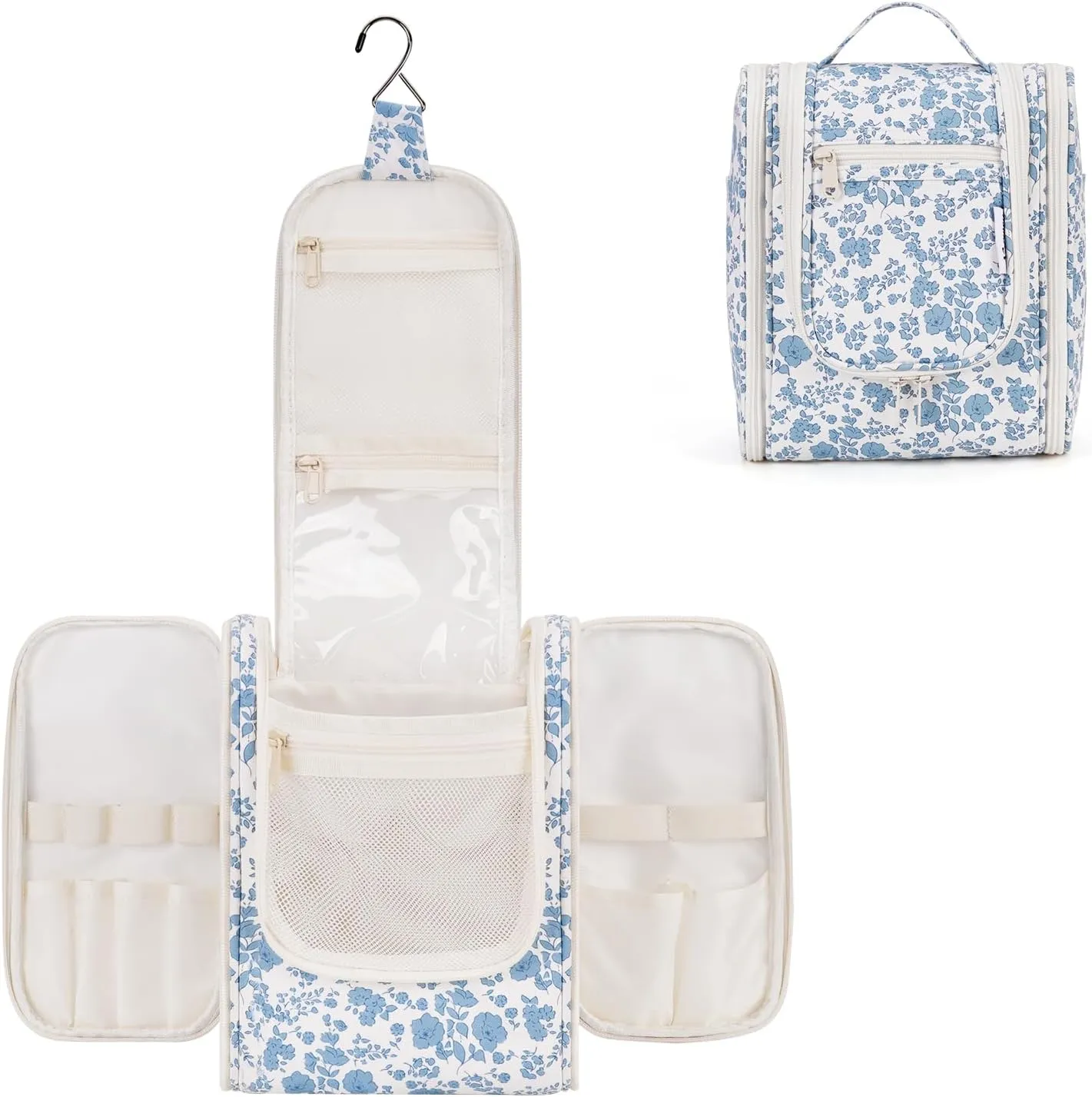 Narwey Hanging Toiletry Bag Women Travel Makeup Bag Organizer Toiletries Bag for Travel Size Essentials Accessories Cosmetics (Medium,Little Blue Flower)
