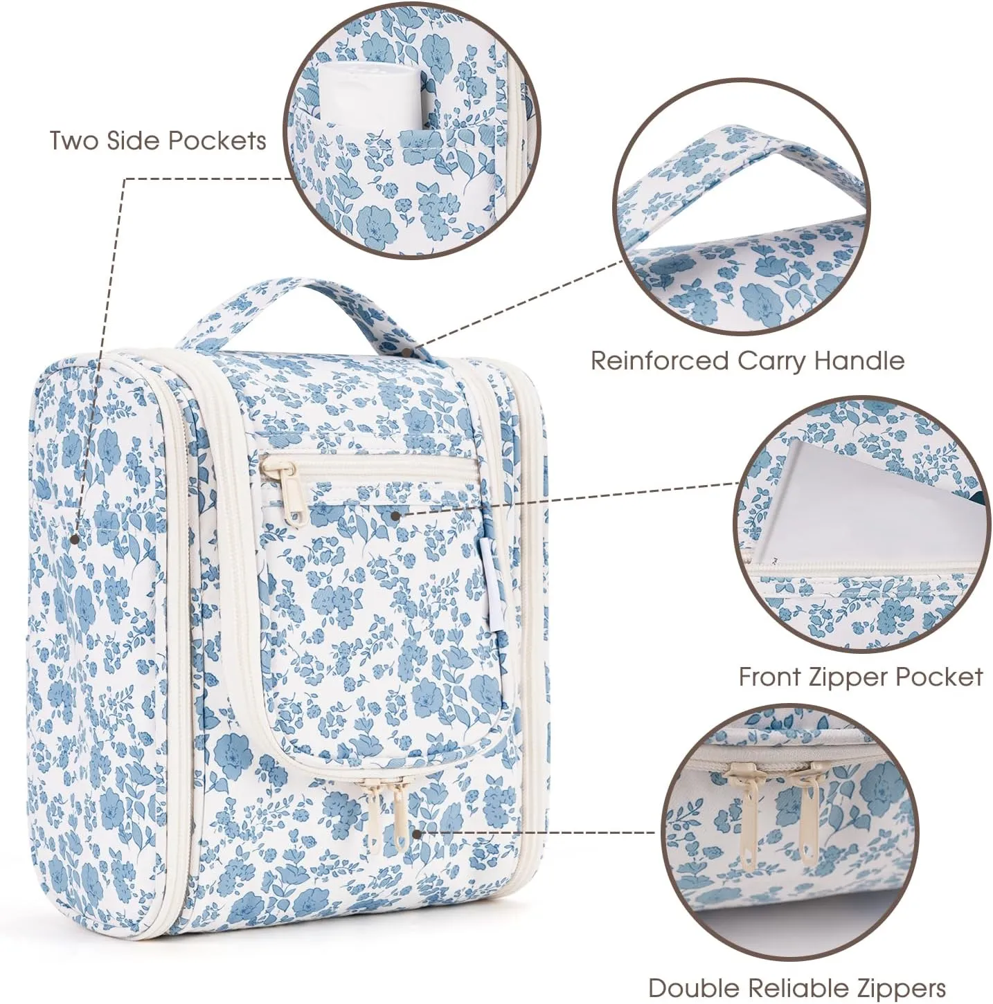 Narwey Hanging Toiletry Bag Women Travel Makeup Bag Organizer Toiletries Bag for Travel Size Essentials Accessories Cosmetics (Medium,Little Blue Flower)