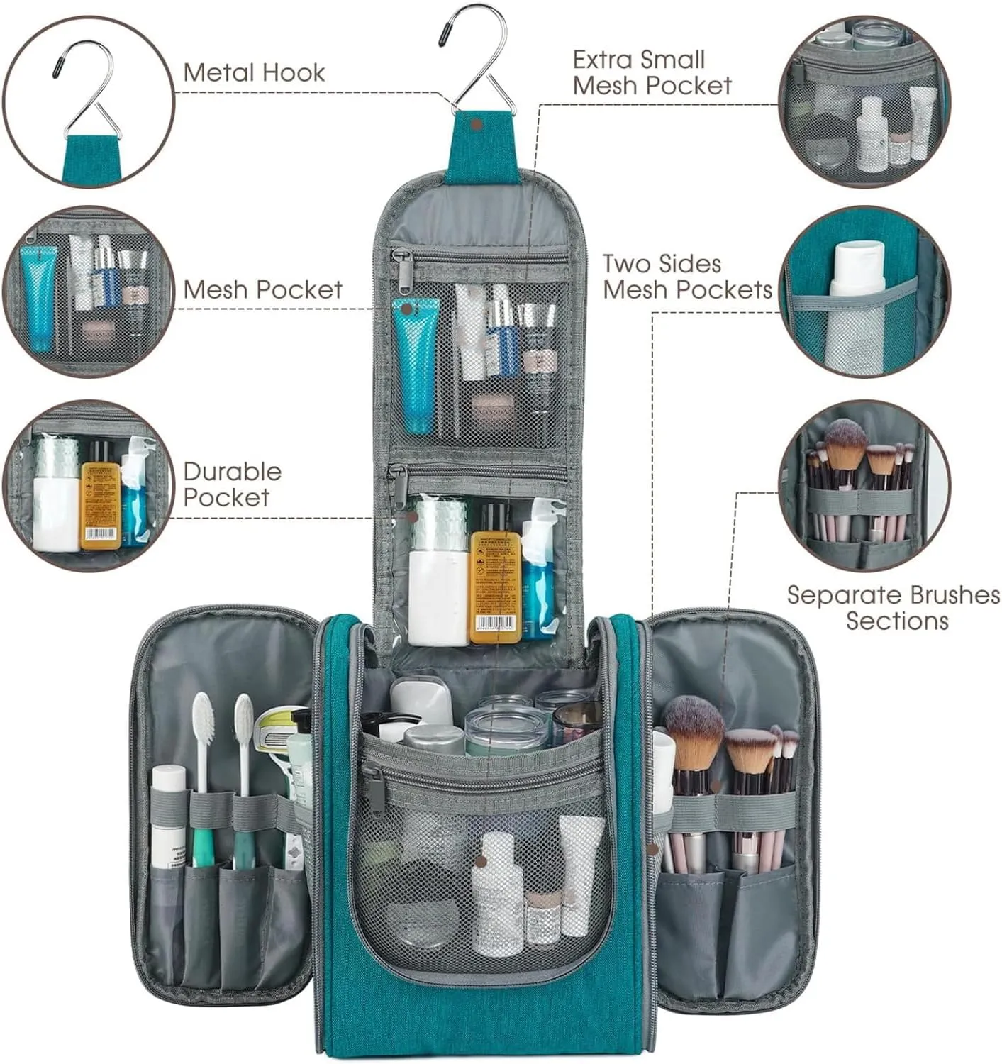Narwey Small Hanging Travel Toiletry Bag Cosmetic Make up Organizer for Women and Men (Medium, Teal)