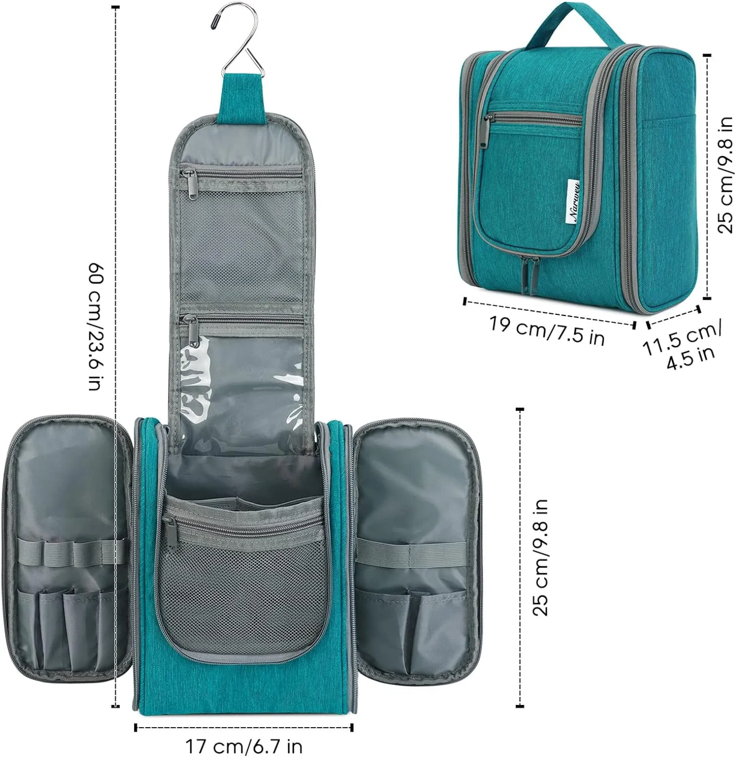 Narwey Small Hanging Travel Toiletry Bag Cosmetic Make up Organizer for Women and Men (Medium, Teal)