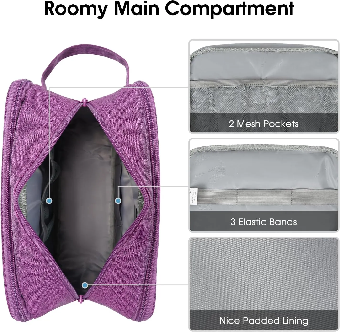 Narwey Travel Toiletry Bag with Brush compartments for Women, Traveling Makeup Bag Organizer, Portable Cosmetic Bag, Make up Bag with Brush Storage for Women (Dark Purple)