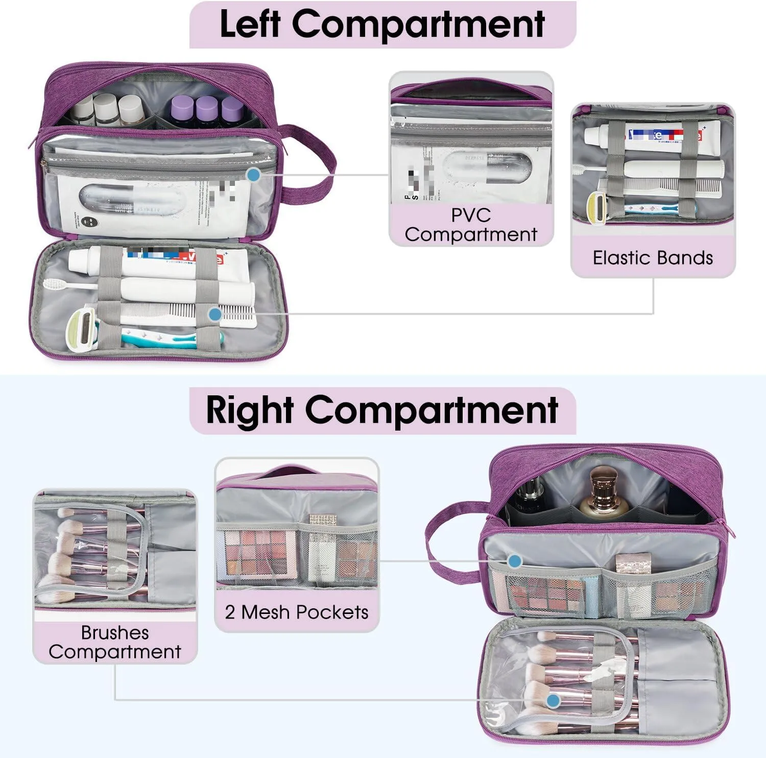 Narwey Travel Toiletry Bag with Brush compartments for Women, Traveling Makeup Bag Organizer, Portable Cosmetic Bag, Make up Bag with Brush Storage for Women (Dark Purple)