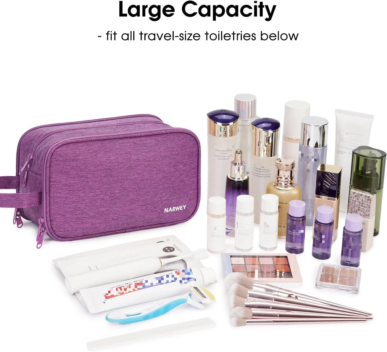 Narwey Travel Toiletry Bag with Brush compartments for Women, Traveling Makeup Bag Organizer, Portable Cosmetic Bag, Make up Bag with Brush Storage for Women (Dark Purple)