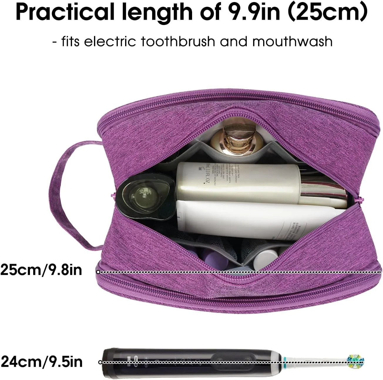 Narwey Travel Toiletry Bag with Brush compartments for Women, Traveling Makeup Bag Organizer, Portable Cosmetic Bag, Make up Bag with Brush Storage for Women (Dark Purple)