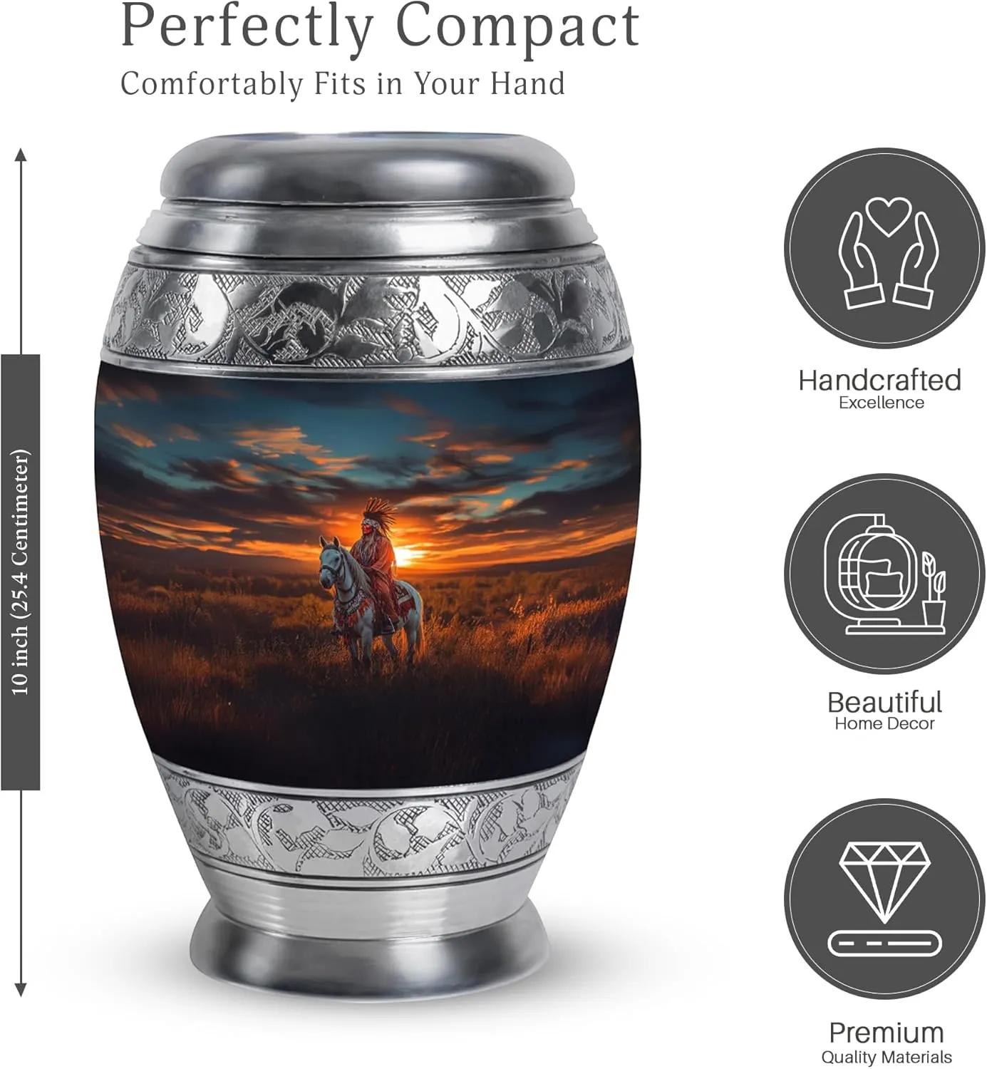 Native American Burial Urn - 10” Decorative Urn for Human Ashes - Memorial Keepsake Box for Mom & Dad (Velvet Bag Included)