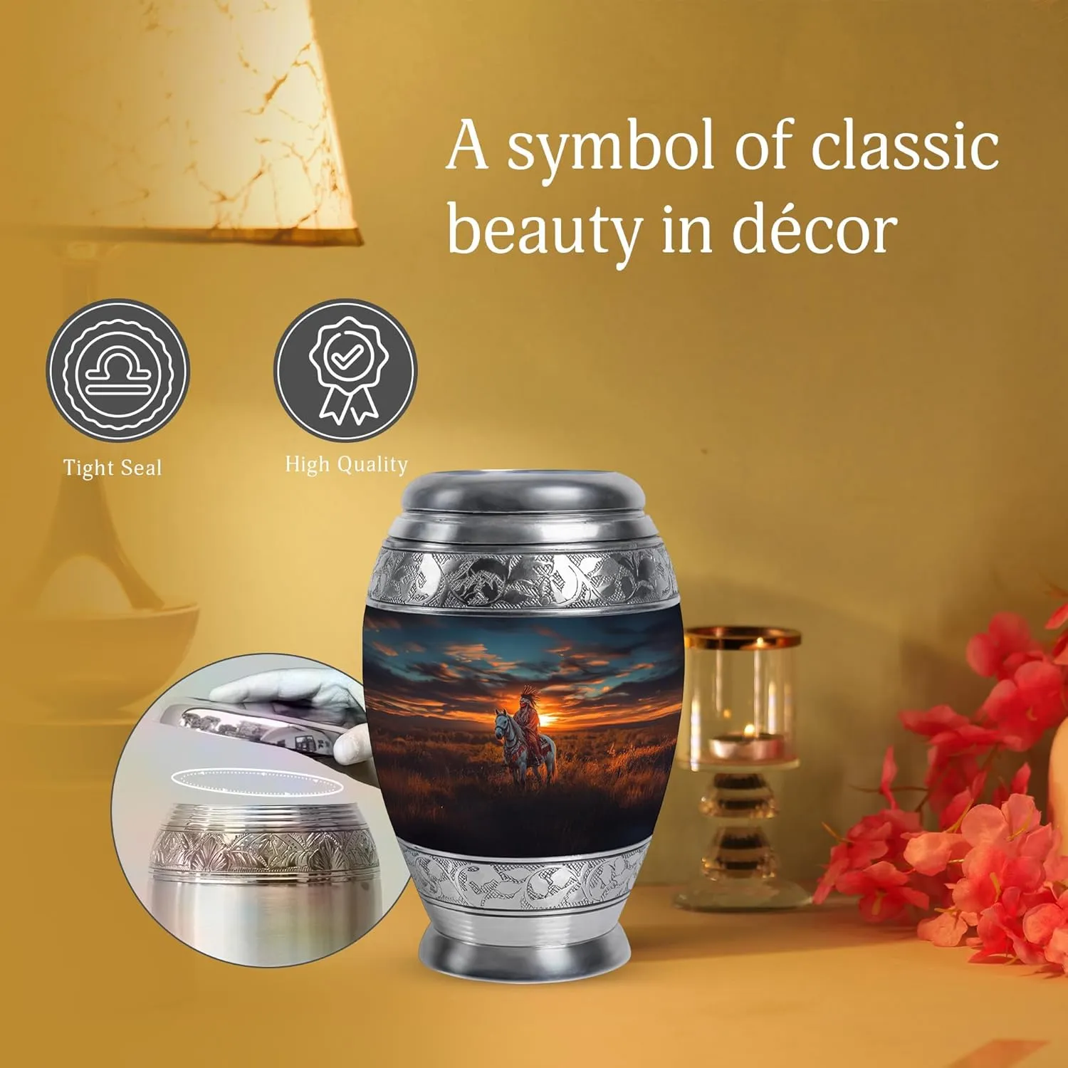 Native American Burial Urn - 10” Decorative Urn for Human Ashes - Memorial Keepsake Box for Mom & Dad (Velvet Bag Included)