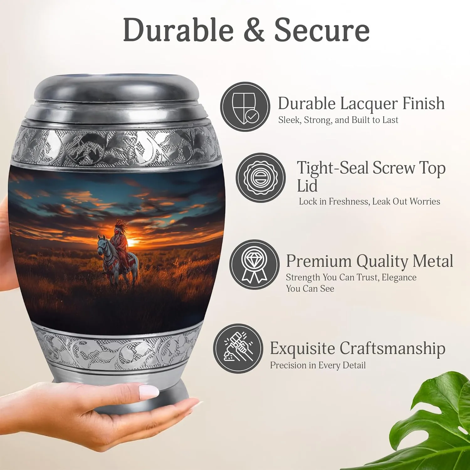 Native American Burial Urn - 10” Decorative Urn for Human Ashes - Memorial Keepsake Box for Mom & Dad (Velvet Bag Included)