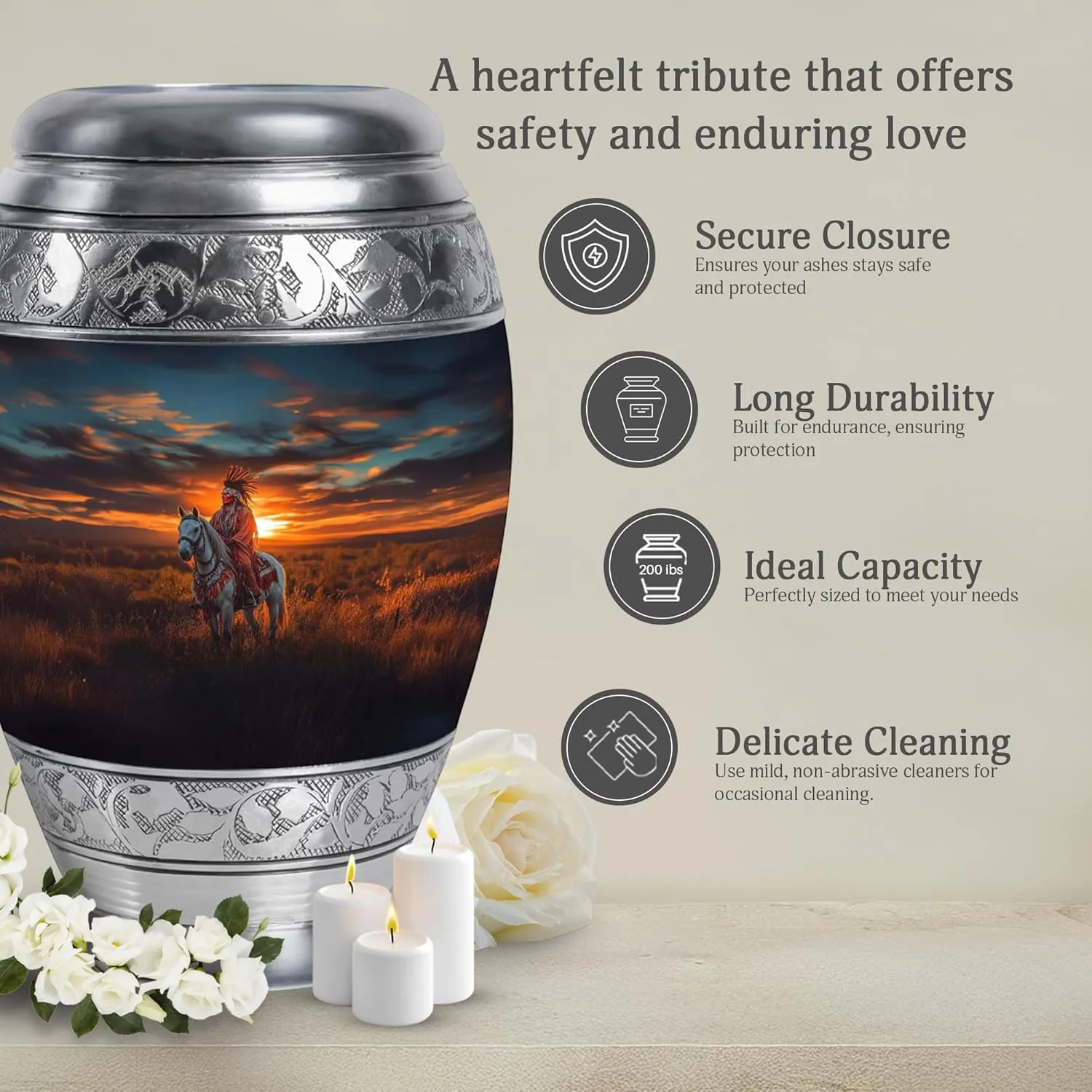 Native American Burial Urn - 10” Decorative Urn for Human Ashes - Memorial Keepsake Box for Mom & Dad (Velvet Bag Included)