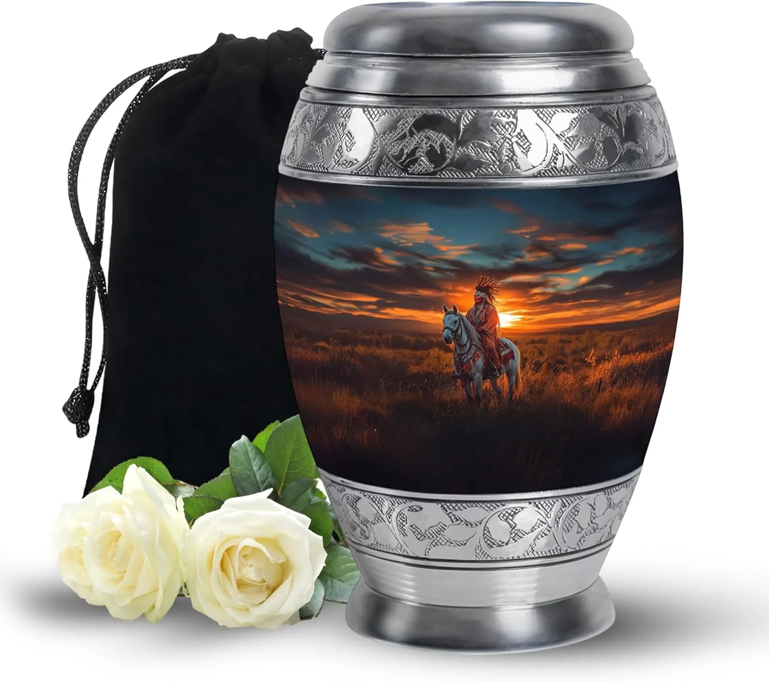 Native American Burial Urn - 10” Decorative Urn for Human Ashes - Memorial Keepsake Box for Mom & Dad (Velvet Bag Included)