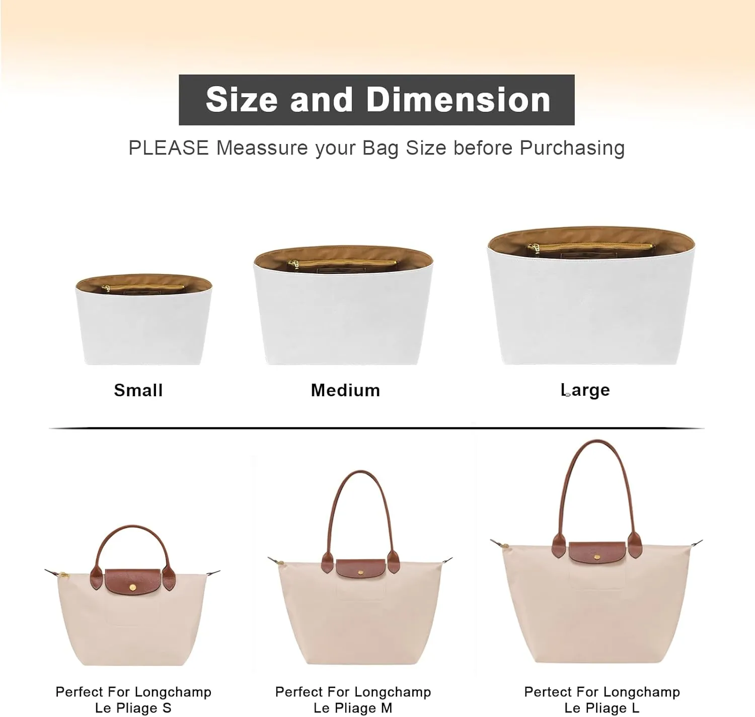New Dupont Paper Purse Organizer Insert for Longchamp Le Pliage L Handbag Insert (White&Brown, Large)