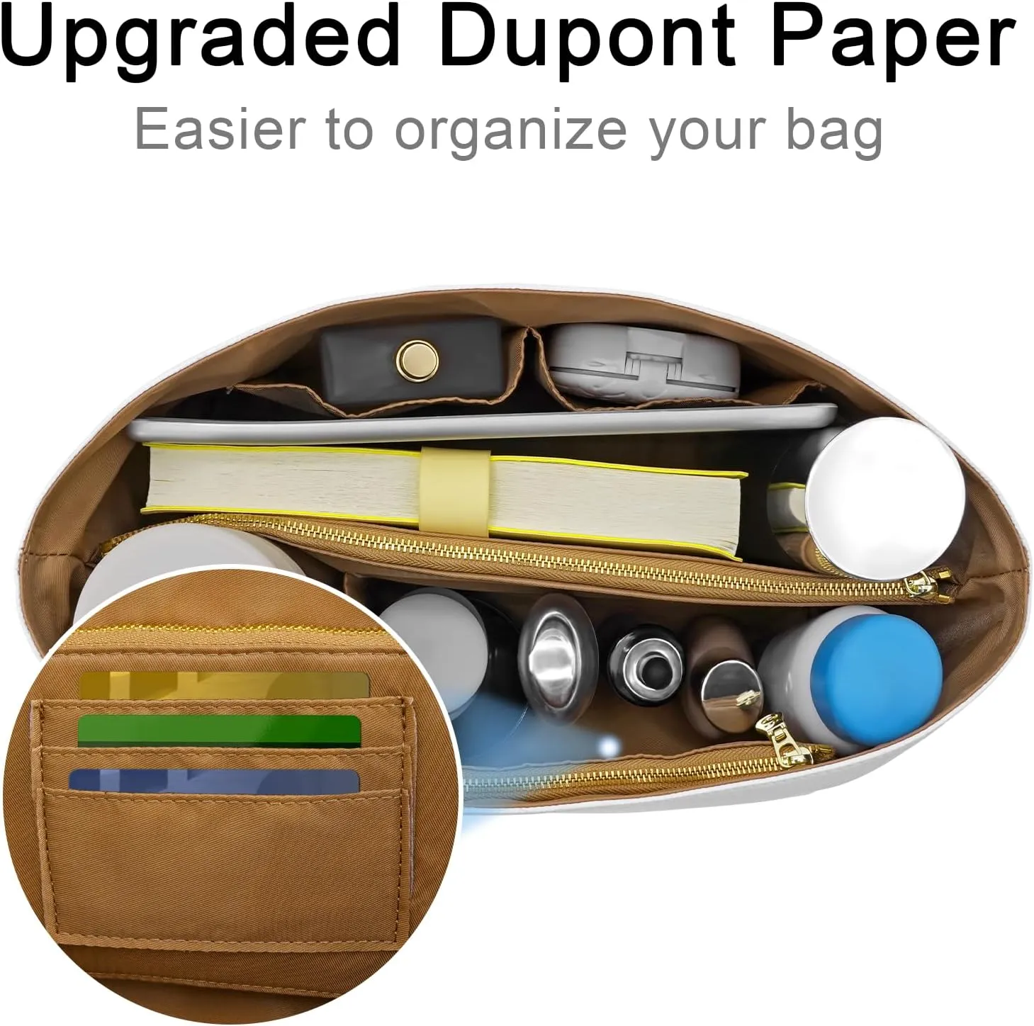 New Dupont Paper Purse Organizer Insert for Longchamp Le Pliage L Handbag Insert (White&Brown, Large)