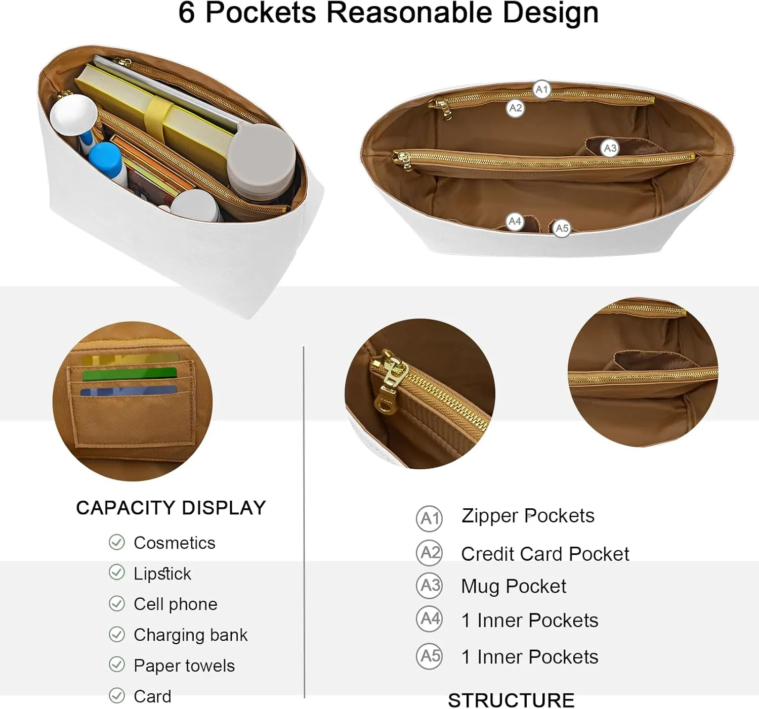 New Dupont Paper Purse Organizer Insert for Longchamp Le Pliage L Handbag Insert (White&Brown, Large)