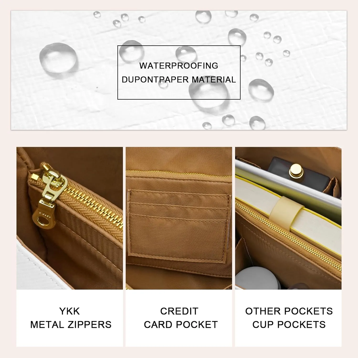 New Dupont Paper Purse Organizer Insert for Longchamp Le Pliage L Handbag Insert (White&Brown, Large)