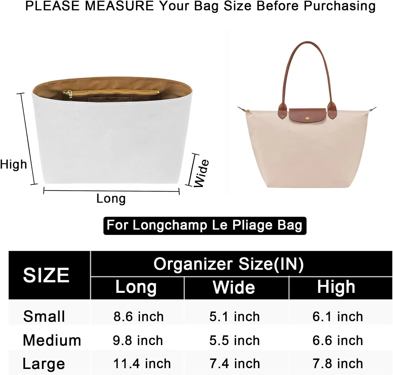 New Dupont Paper Purse Organizer Insert for Longchamp Le Pliage L Handbag Insert (White&Brown, Large)