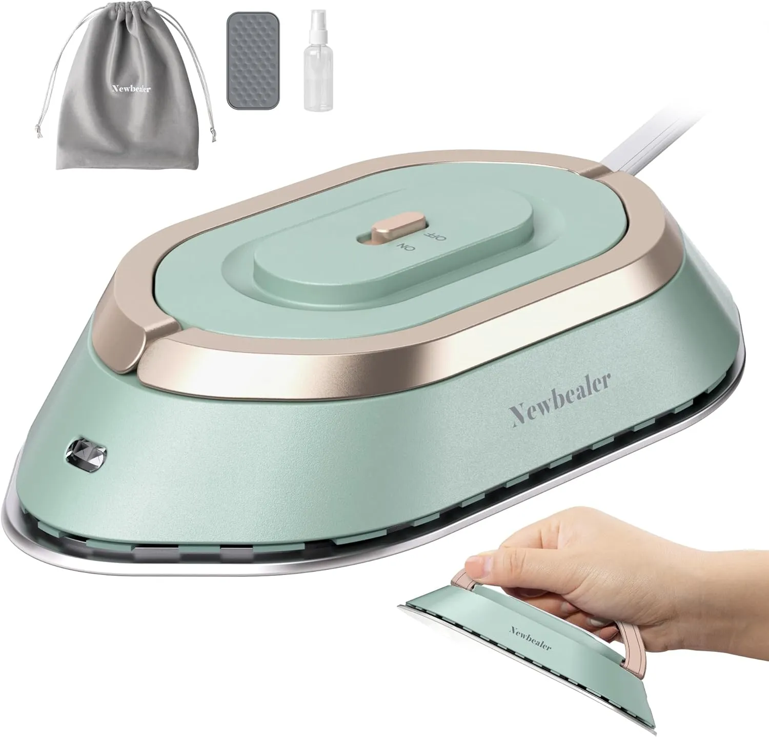 Newbealer Travel Iron with Global Voltage, 100-240V Mini Dry Iron for Clothes (No Steam), Max 300W, 60s Heat Up, 302℉ Non-Stick Ceramic Soleplate, 0.8lbs Ultra-Lightweight (Green)