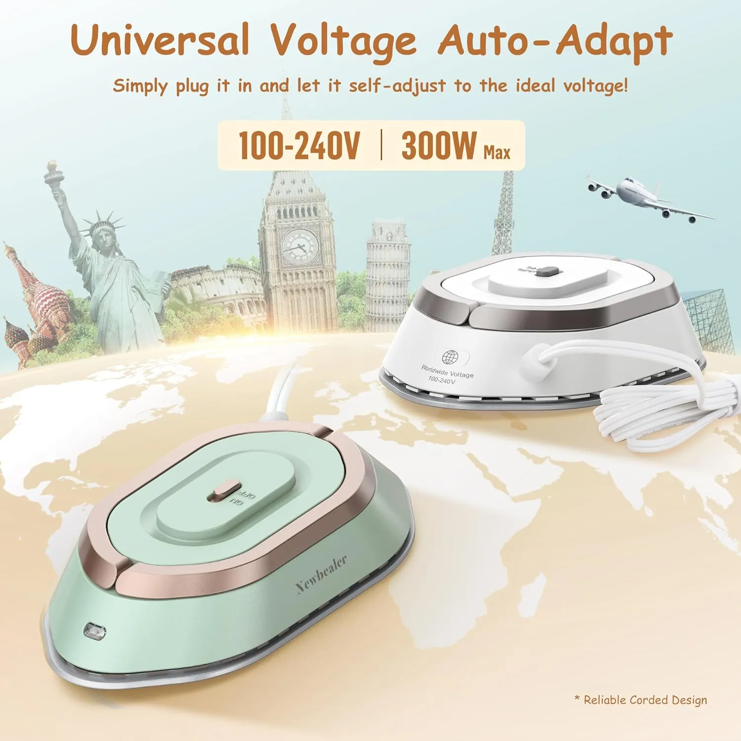 Newbealer Travel Iron with Global Voltage, 100-240V Mini Dry Iron for Clothes (No Steam), Max 300W, 60s Heat Up, 302℉ Non-Stick Ceramic Soleplate, 0.8lbs Ultra-Lightweight (Green)