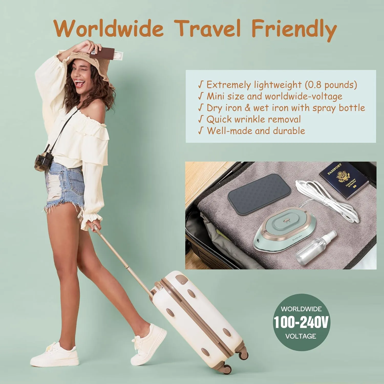 Newbealer Travel Iron with Global Voltage, 100-240V Mini Dry Iron for Clothes (No Steam), Max 300W, 60s Heat Up, 302℉ Non-Stick Ceramic Soleplate, 0.8lbs Ultra-Lightweight (Green)