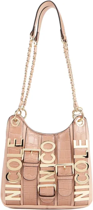 Nicole Lee Chain Shoulder Bag, Vegan Leather, Croc Accent, Dual Straps