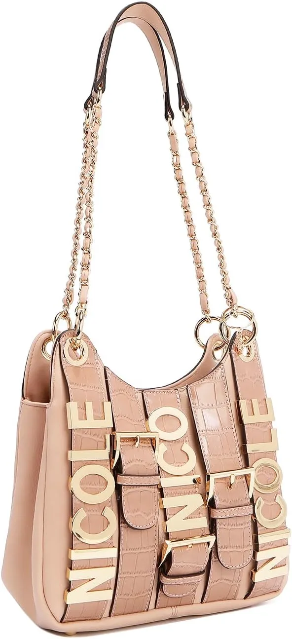 Nicole Lee Chain Shoulder Bag, Vegan Leather, Croc Accent, Dual Straps
