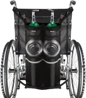NIHAO Dual Oxygen Tank Holder for Wheelchiars, Oxygen Cylinder Bag with Adjustable Zippers and Mesh Storage Pockets, Portable Wheelchair Attachment for Oxygen Fits Most Oxygen Cylinders, Black