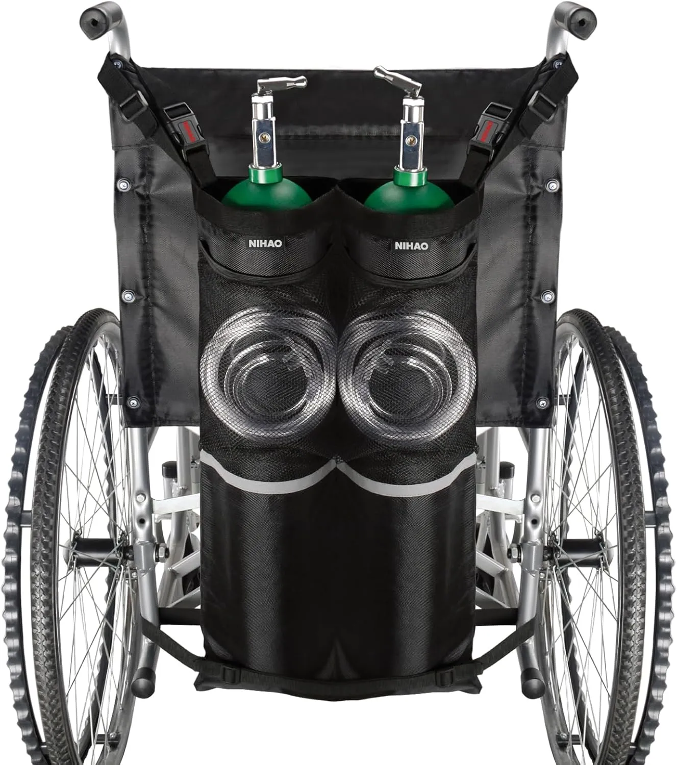 NIHAO Dual Oxygen Tank Holder for Wheelchiars, Oxygen Cylinder Bag with Adjustable Zippers and Mesh Storage Pockets, Portable Wheelchair Attachment for Oxygen Fits Most Oxygen Cylinders, Black