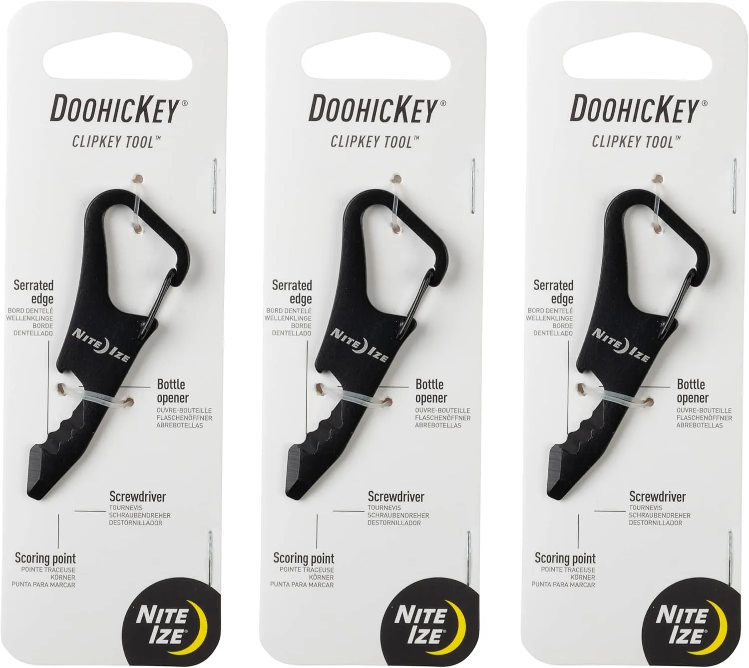 Nite Ize DoohicKey ClipKey Key Tool - Keychain Multi-Tool with Screwdriver & Bottle Opener - Carabiner Clip Pocket Tool with Serrated Edge & Scoring Point - 3 Pack