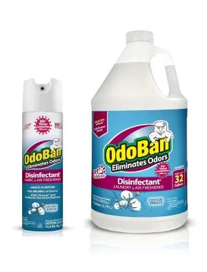 OdoBan Ready-to-Use Disinfectant and Harsh Aroma Eliminator, Set of 2, 14.6 Ounce 360-Degree Continuous Spray Fabric/Air Freshener and 1 Gallon Multi-Purpose Cleaning Concentrate, Cotton Breeze Scent