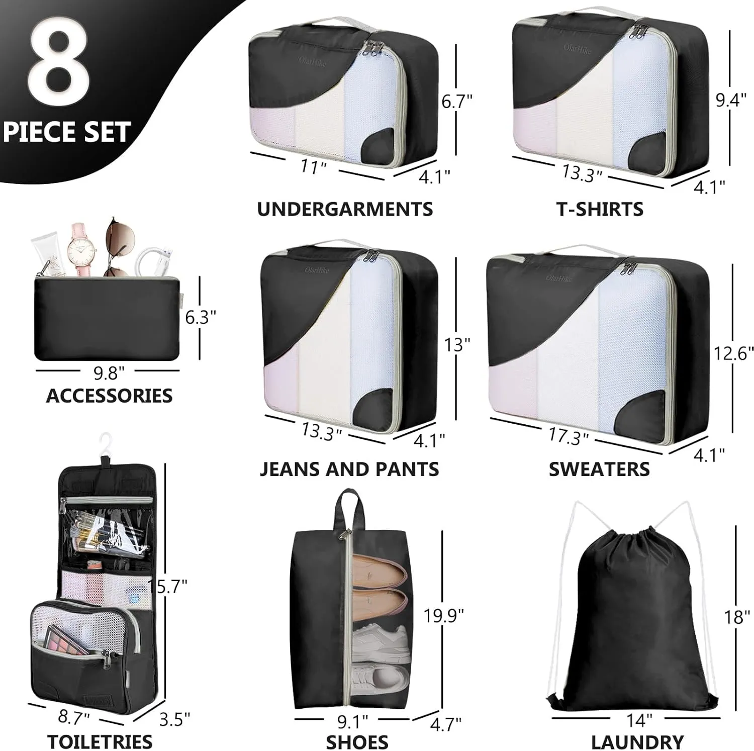 OlarHike 8 Set Packing Cubes for Travel, 4 Various Sizes(Extra Large,Large,Medium,Small), Luggage Organizer Bags for Travel Accessories Essentials, Cubes for Carry on Suitcases (Black)