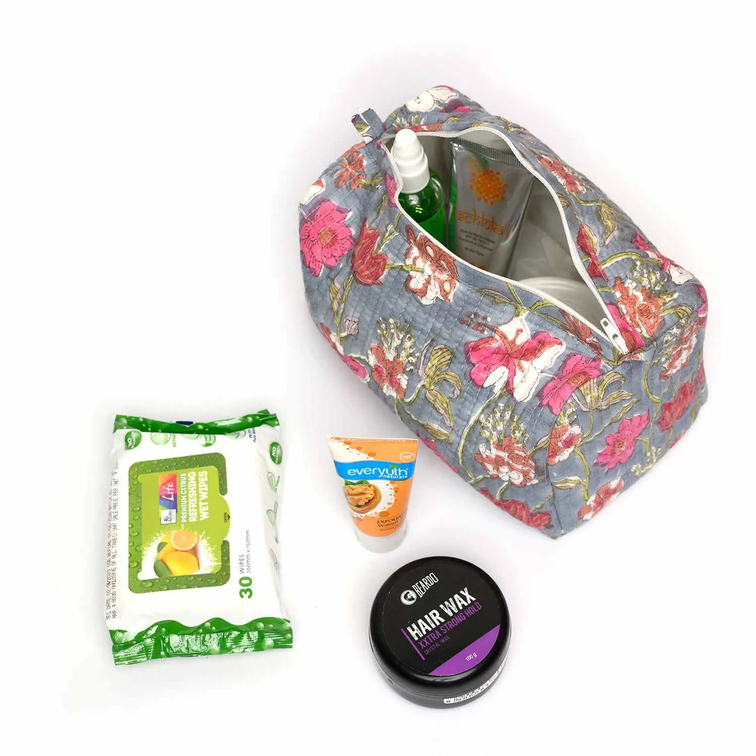 OLEANDER JAAL BLOCK PRINTED QUILTED TOILETRY POUCH
