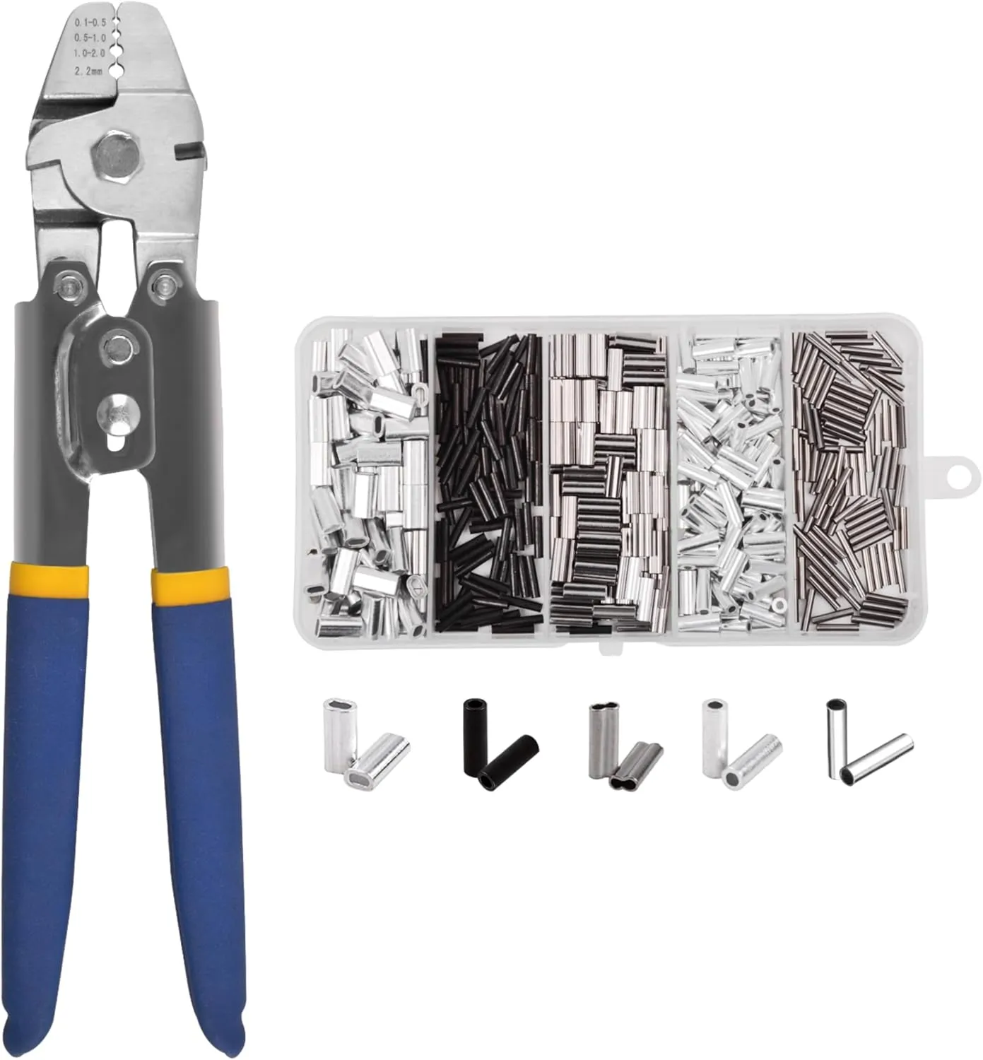 OROOTL Fishing Crimping Tool, Fishing Line Crimping Kit Stainless Steel Fishing Crimping Pliers with 500pcs Fishing Crimp Sleeves Set Wire Rope Crimping Tool 4 Crimping Sizes