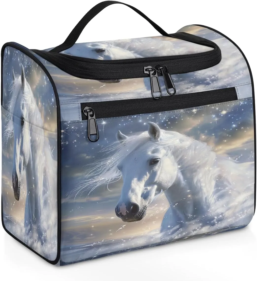 OSAM SPACE White Horse Animal Hanging Toiletry Bag for Women Men, Large Capacity Travel Cosmetic Bag Makeup Organizer for Shampoo Bathroom Shower