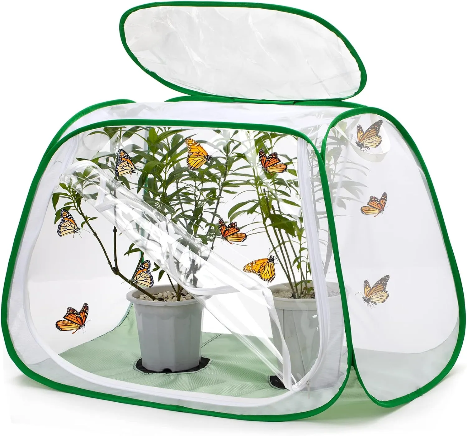 Outdoor Pop-up Large Insect and Butterfly Net Habitat，with Rainproof top Cover Increase Survival Rate, Windproof Trapezoidal Design，Collapsible Caterpillar Growing Mesh Cage Terrarium