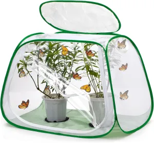 Outdoor Pop-up Large Insect and Butterfly Net Habitat，with Rainproof top Cover Increase Survival Rate, Windproof Trapezoidal Design，Collapsible Caterpillar Growing Mesh Cage Terrarium