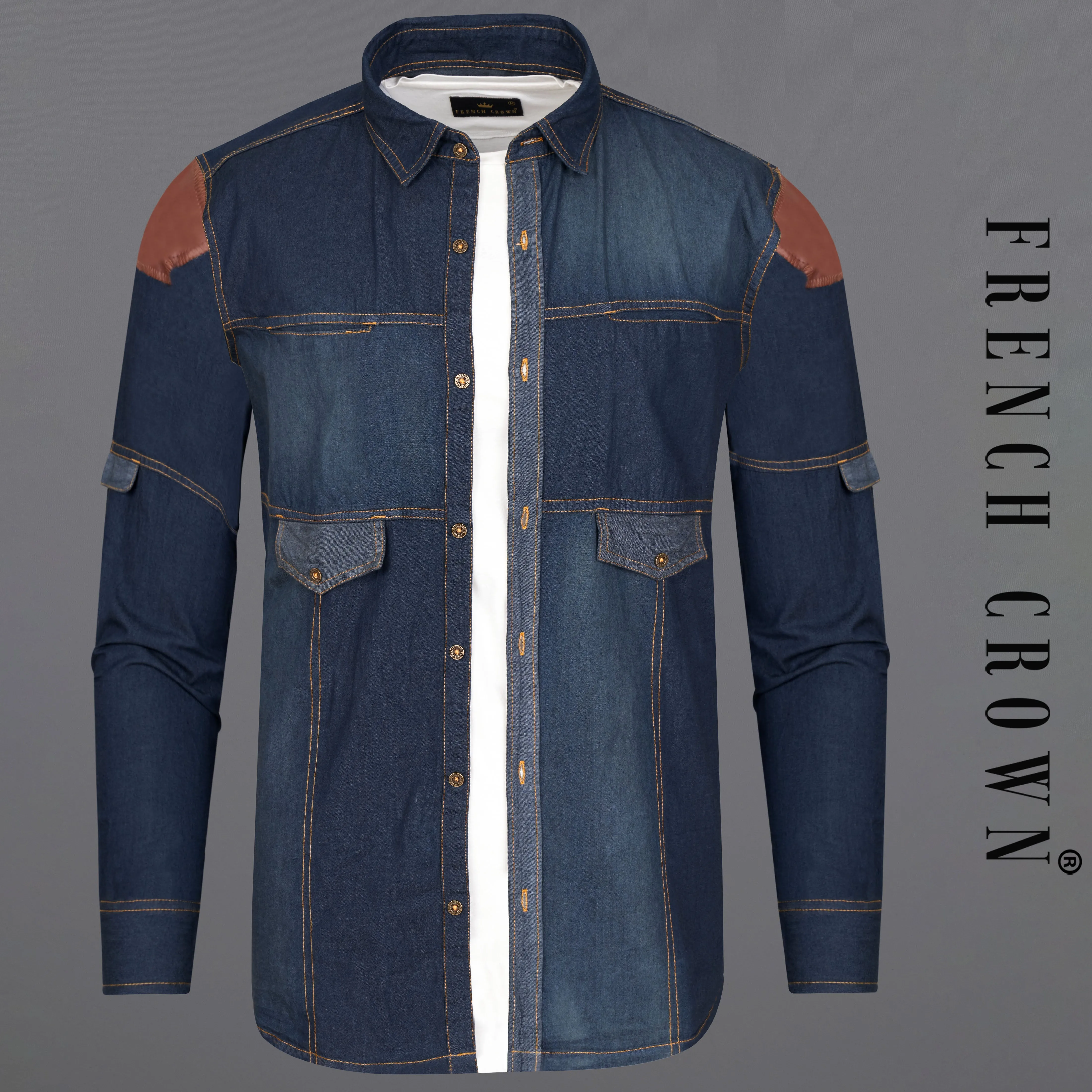 Outer Space Blue Summer Denim Designer Shirt With Leather Patch Work