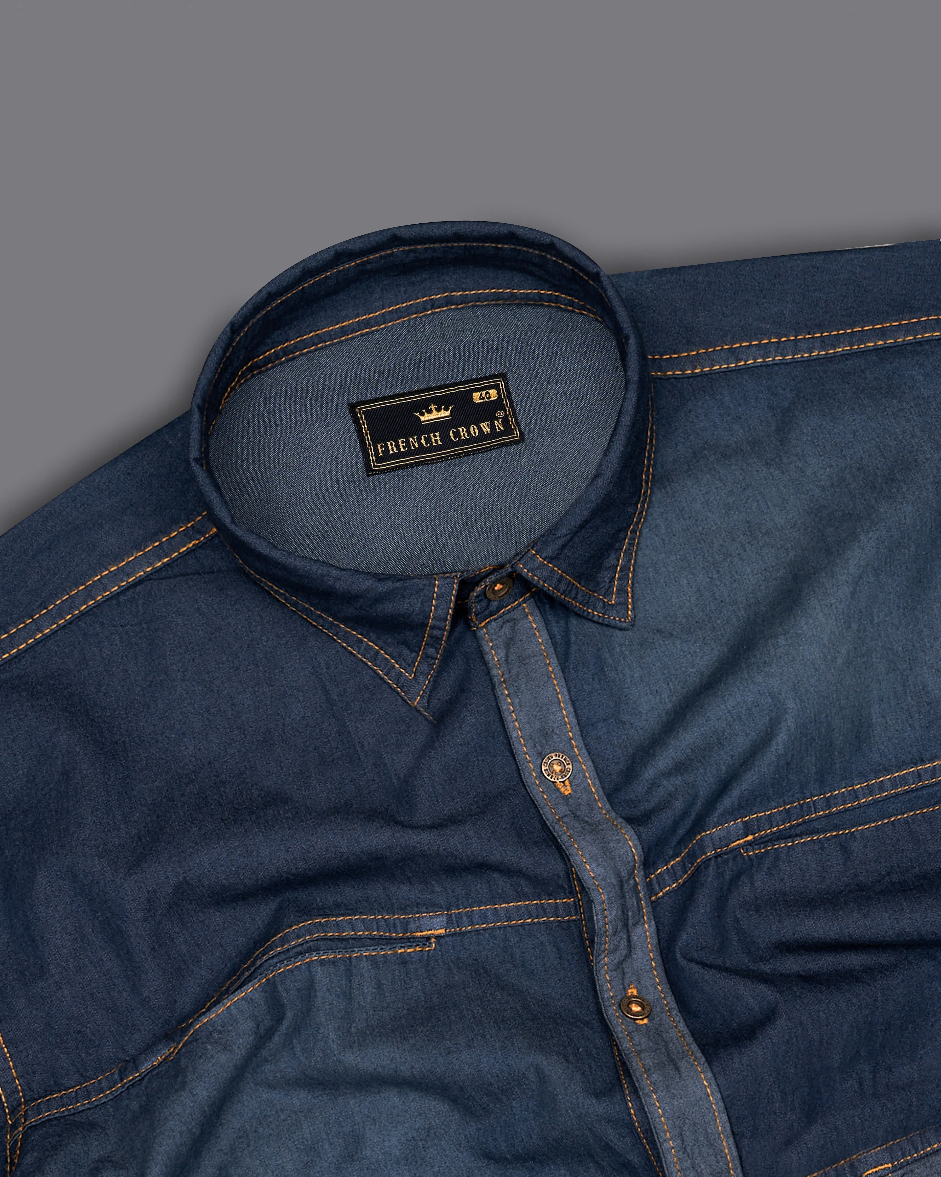 Outer Space Blue Summer Denim Designer Shirt With Leather Patch Work