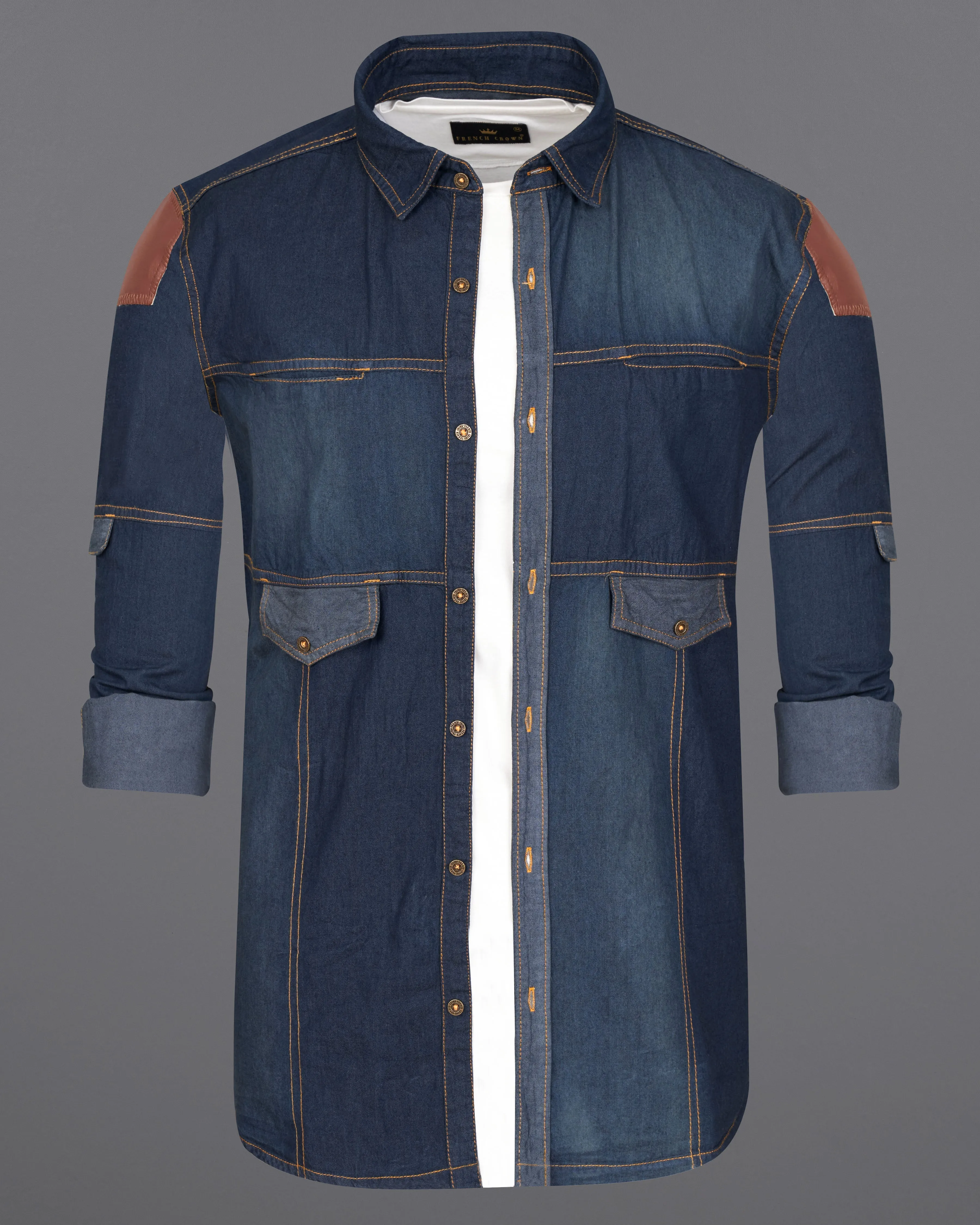 Outer Space Blue Summer Denim Designer Shirt With Leather Patch Work