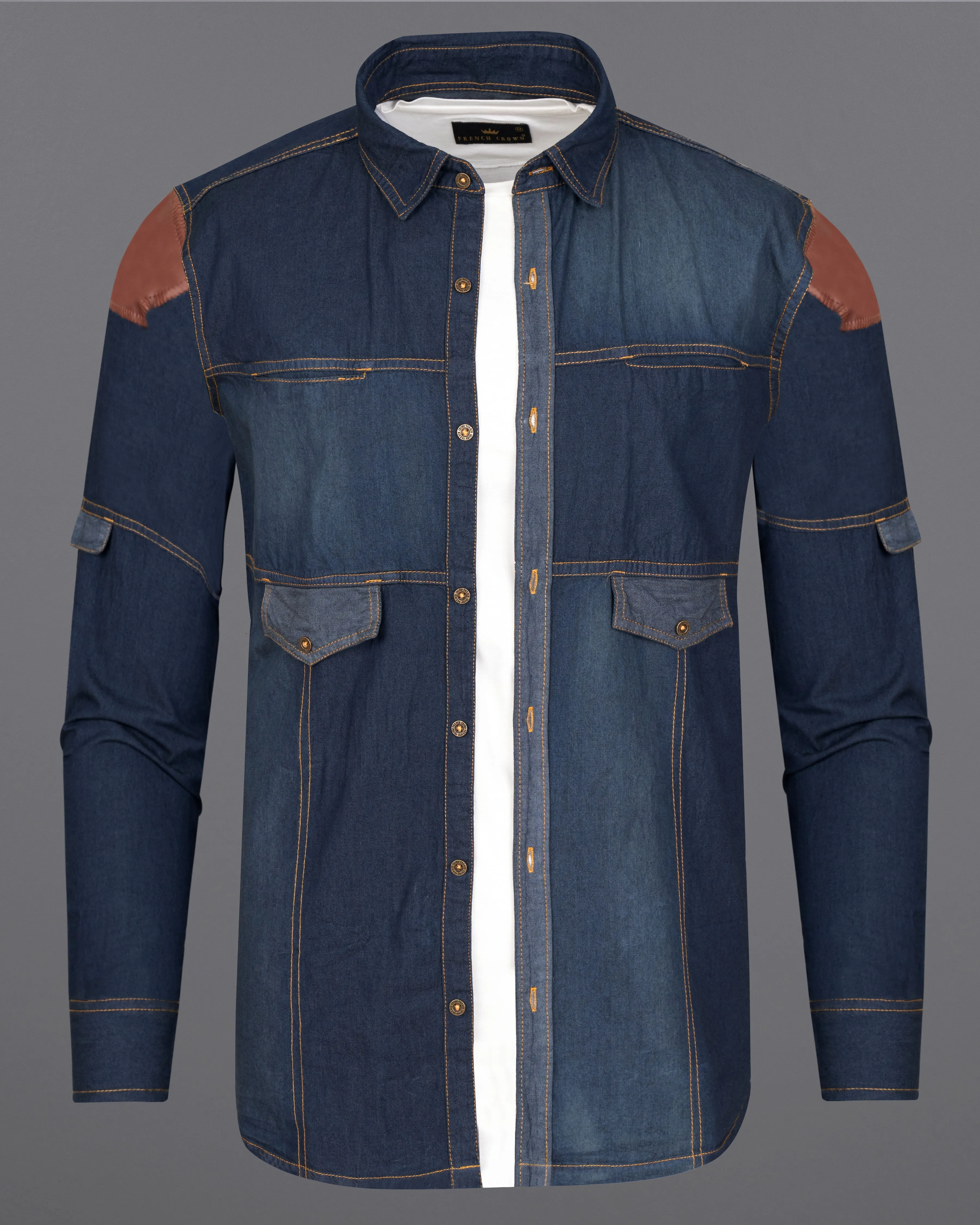 Outer Space Blue Summer Denim Designer Shirt With Leather Patch Work