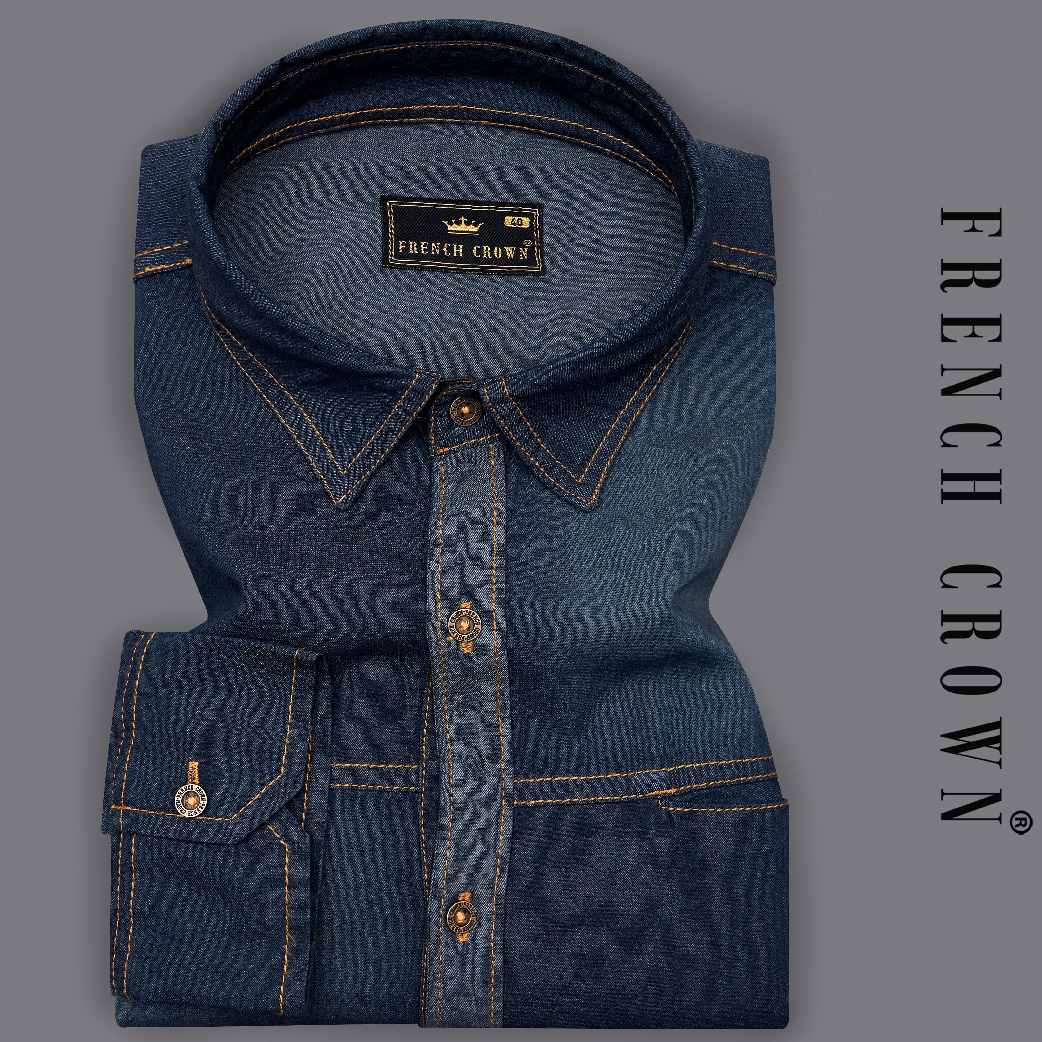 Outer Space Blue Summer Denim Designer Shirt With Leather Patch Work