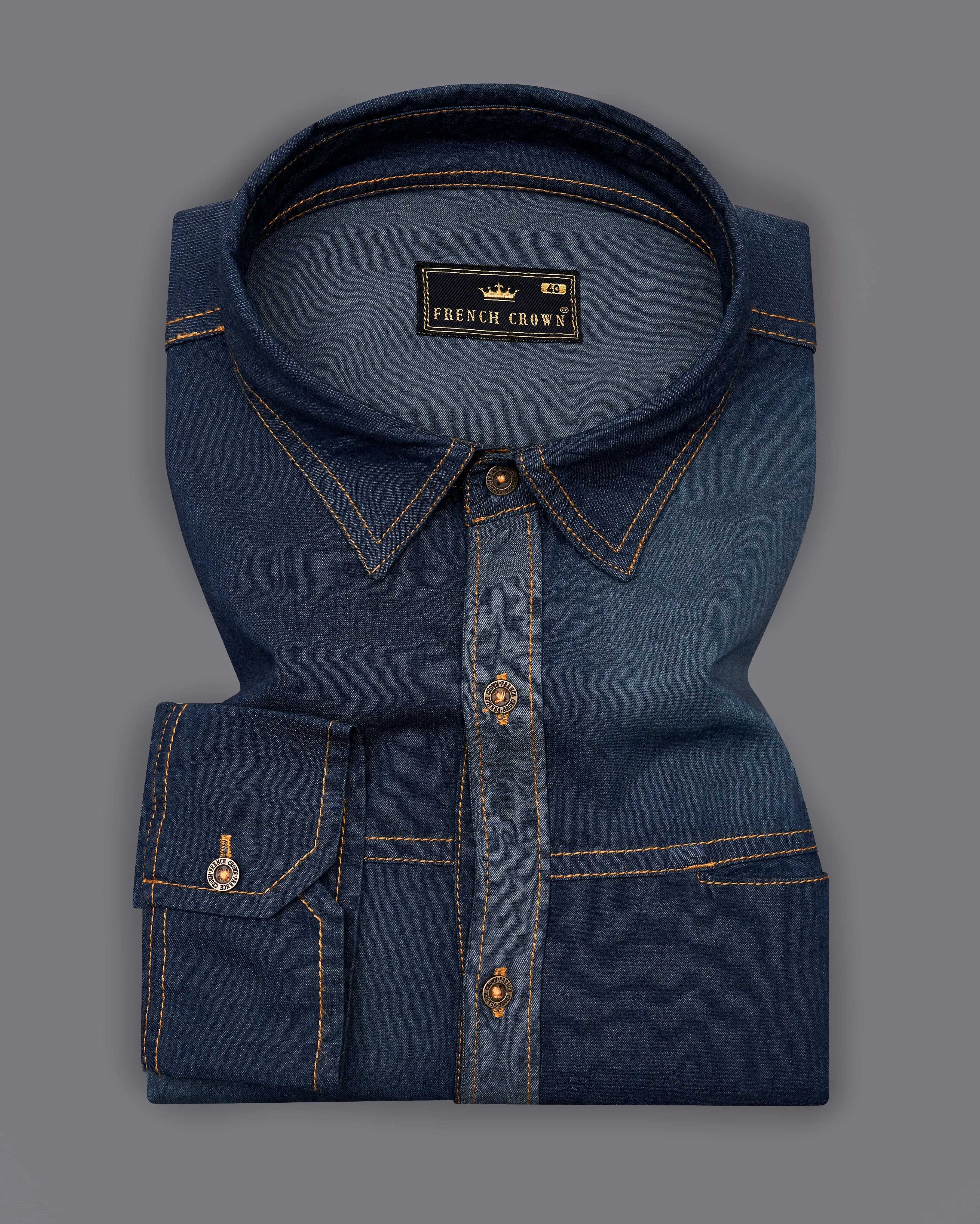 Outer Space Blue Summer Denim Designer Shirt With Leather Patch Work