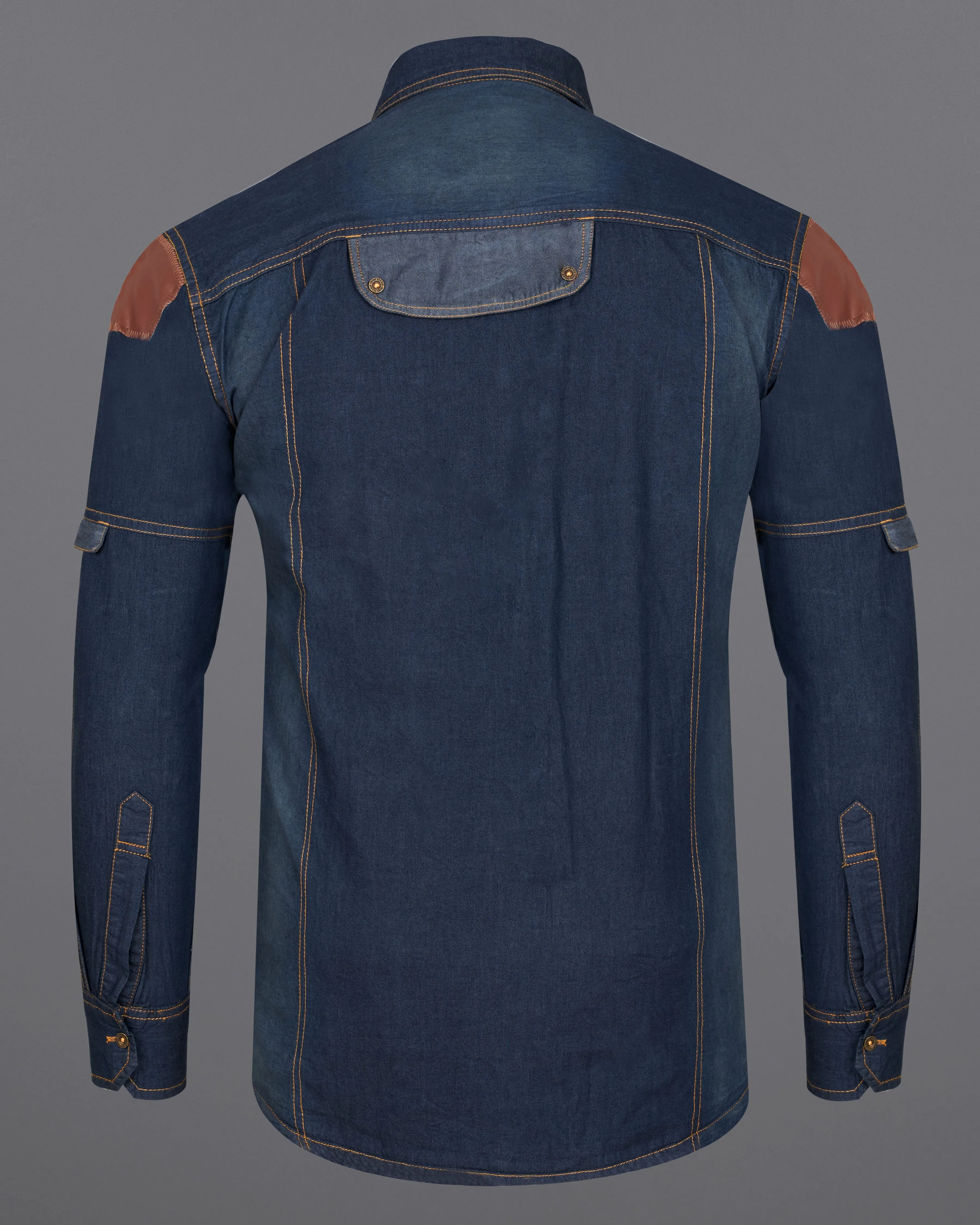 Outer Space Blue Summer Denim Designer Shirt With Leather Patch Work