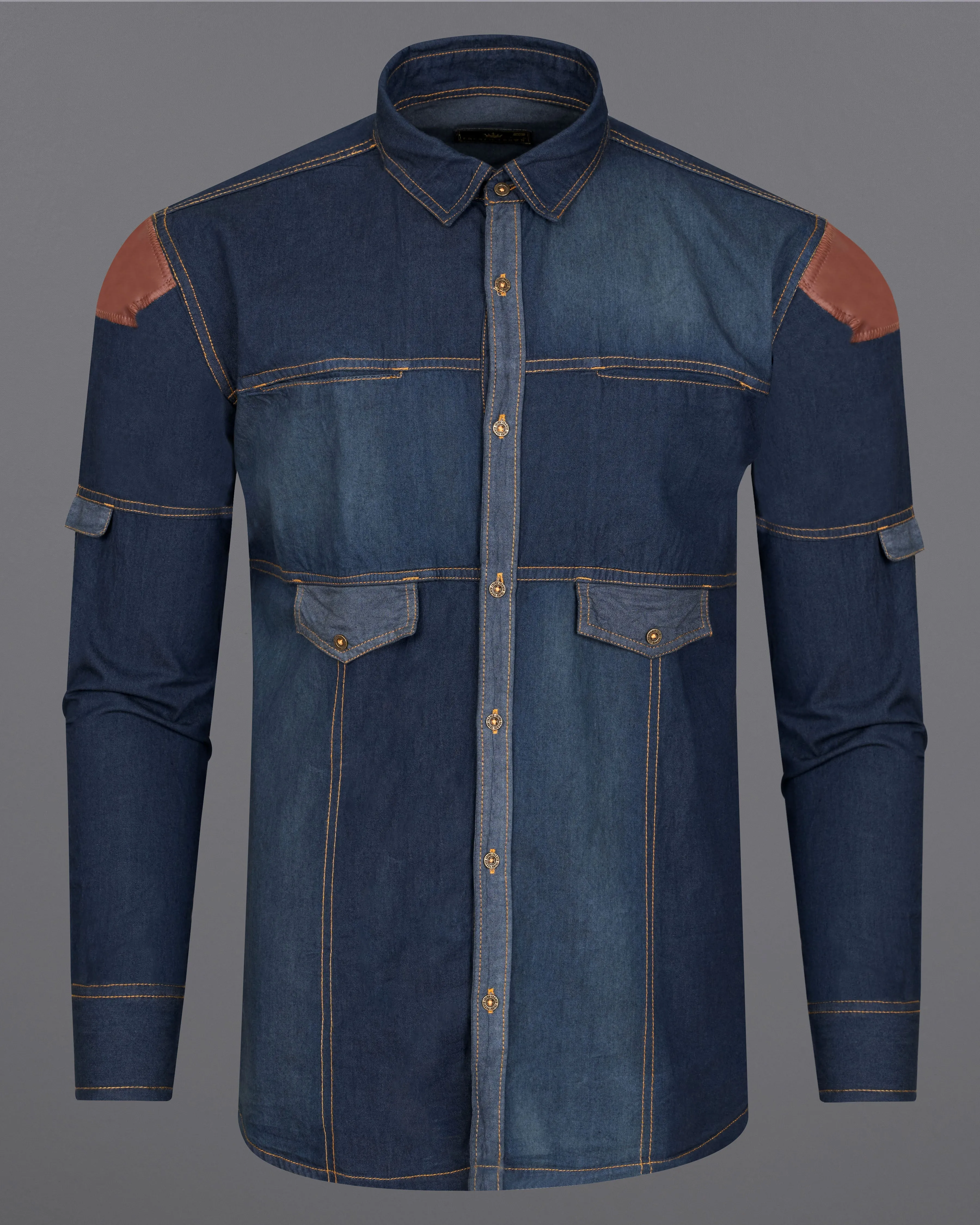 Outer Space Blue Summer Denim Designer Shirt With Leather Patch Work